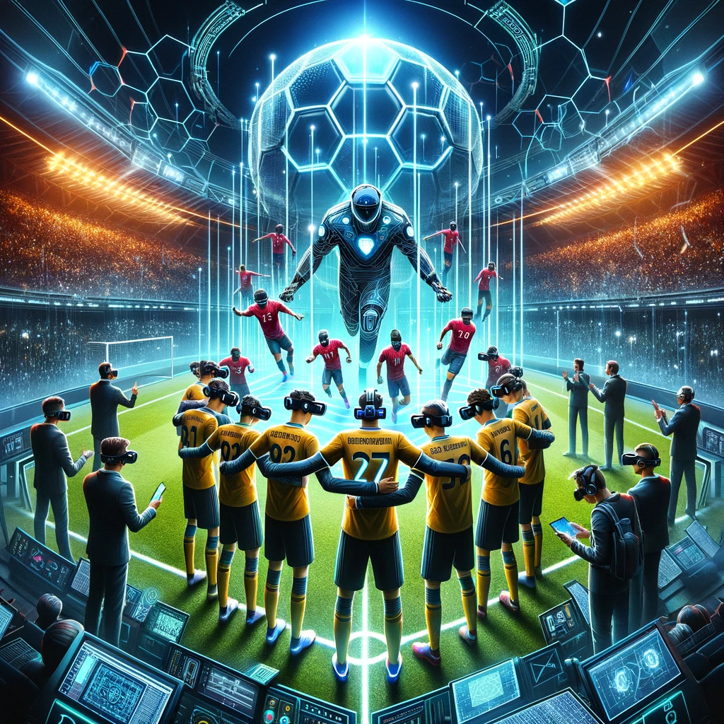 "Futuristic poster for 'Football Manager 2024' featuring an immersive virtual reality football match scene with players wearing VR headsets in a team huddle, set against a vibrant digital stadium filled with virtual fans, highlighted by the game's title in an eye-catching, futuristic font."